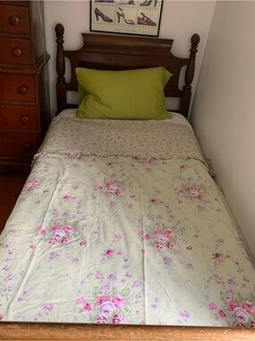 Bramble Rose Shabby Chic Twin Reversible Cover and Flat Sheet in Light Green